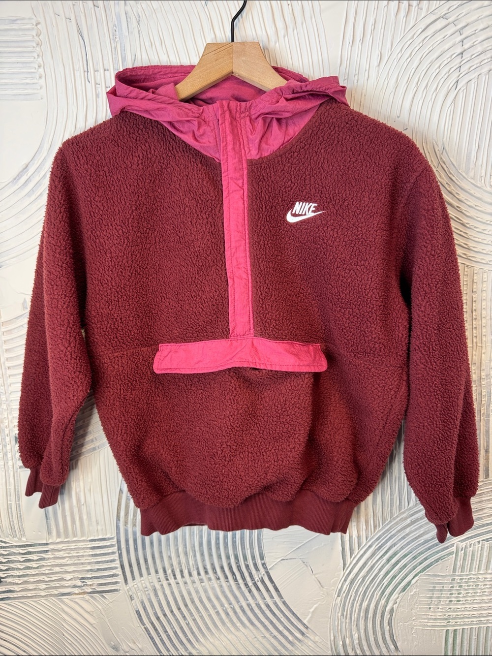 Nike Kids Maroon Sherpa Hoodie with Pink Trim N0642